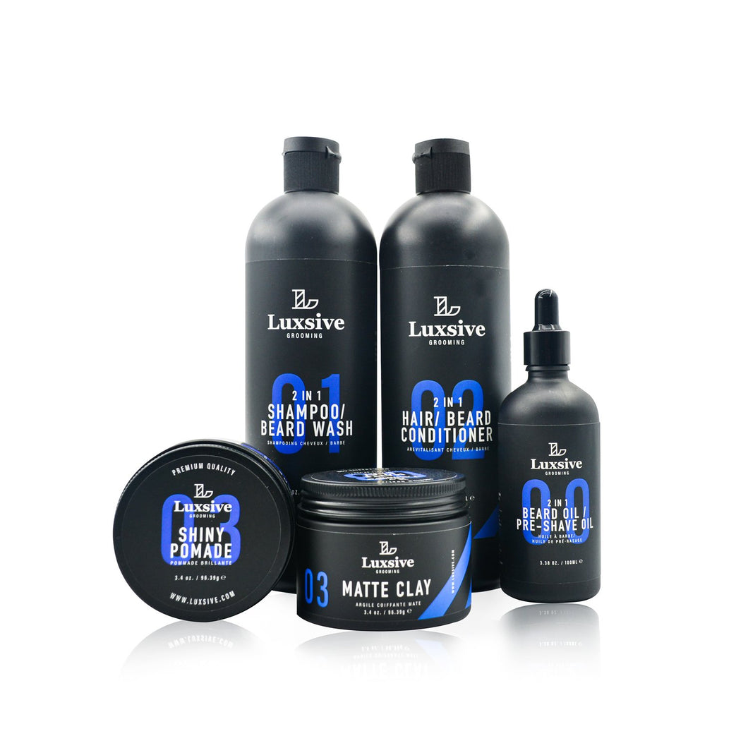 Complete Collection- Shampoo, Conditioner, Pomade, Clay, Beard/ Pre-shave Oil (5 products) - Luxsive.com